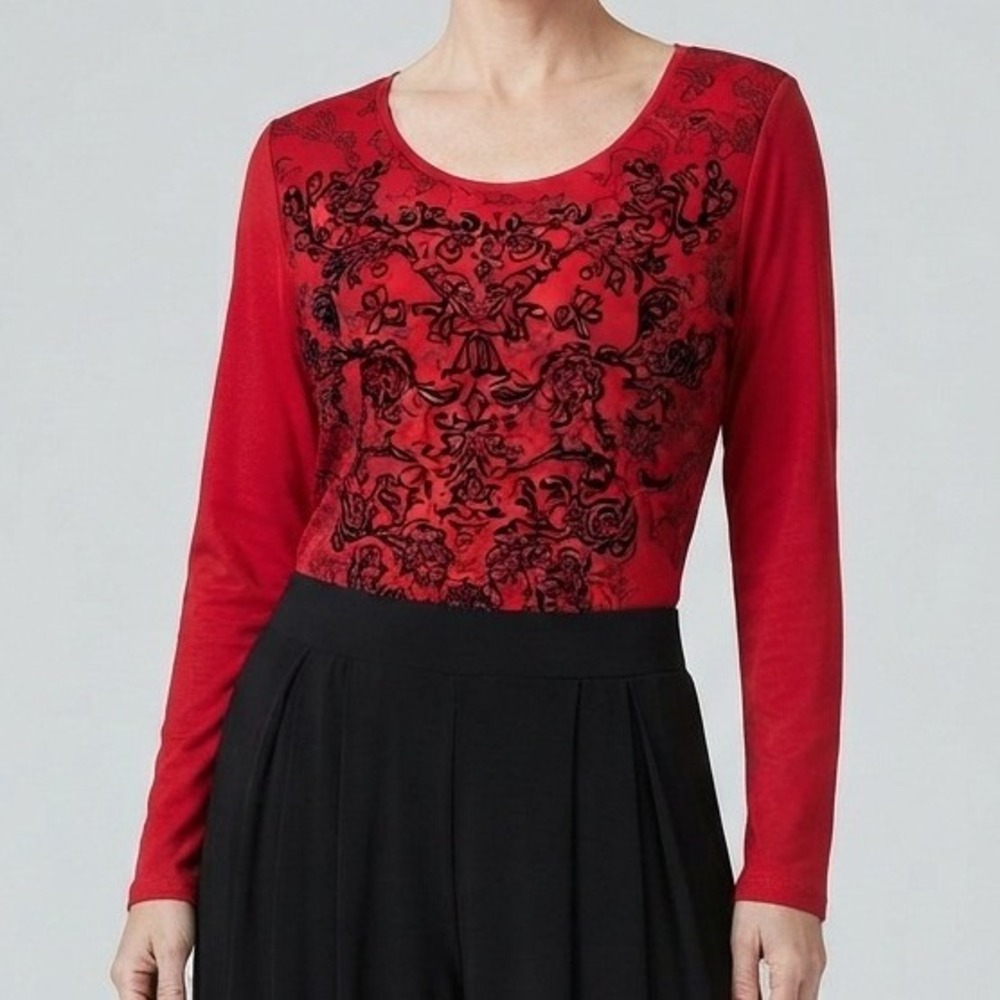 Style & Co Top Red Black Damask Flocked Mixed Media Tunic Boho Casual  M‎
